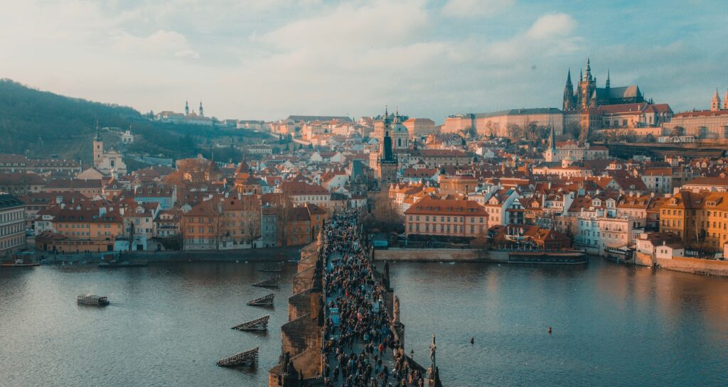 people walking on bridge