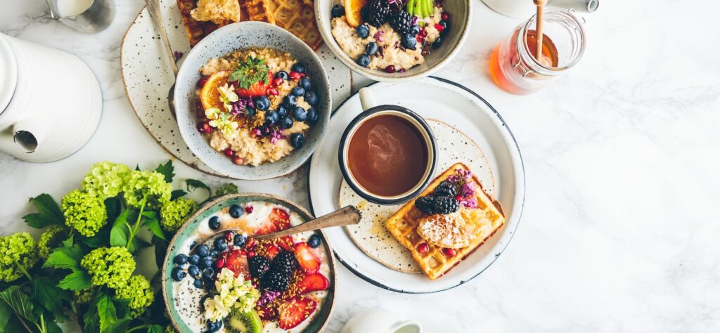 fruit salad on gray bowls