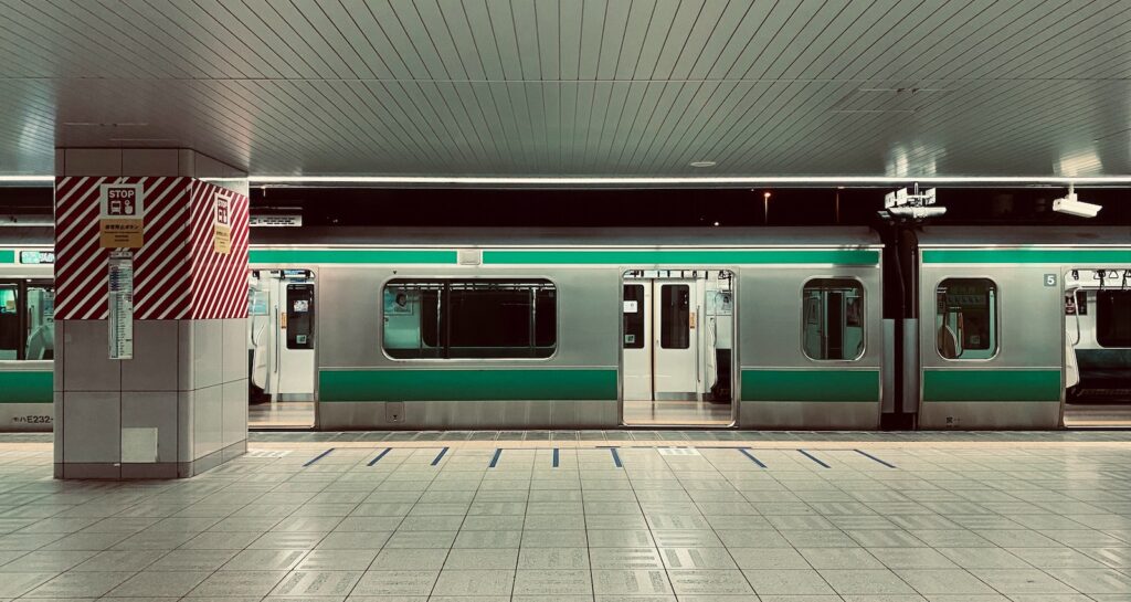 white red and green train in train station