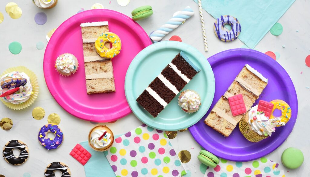 pink plastic plate with food