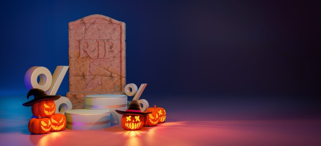 a halloween scene with pumpkins and a tombstone